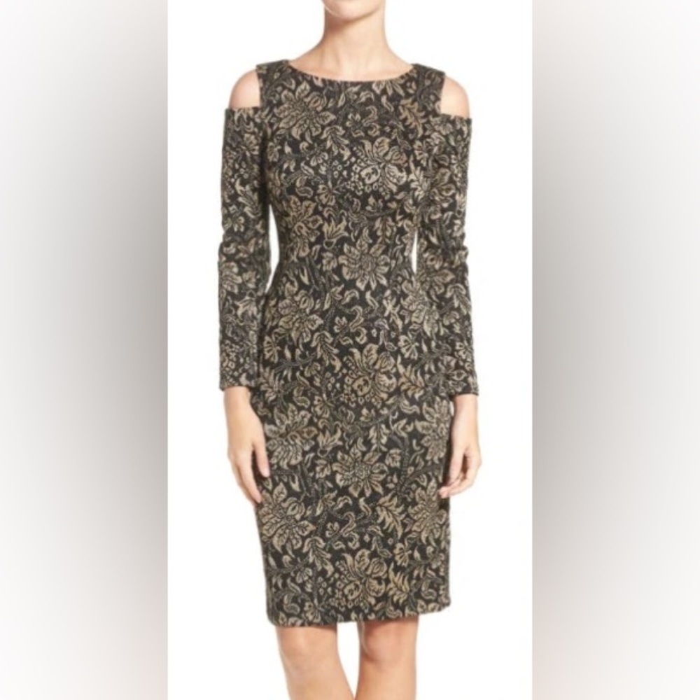 Eliza J Metallic Knit Sheath Dress in Black/Gold